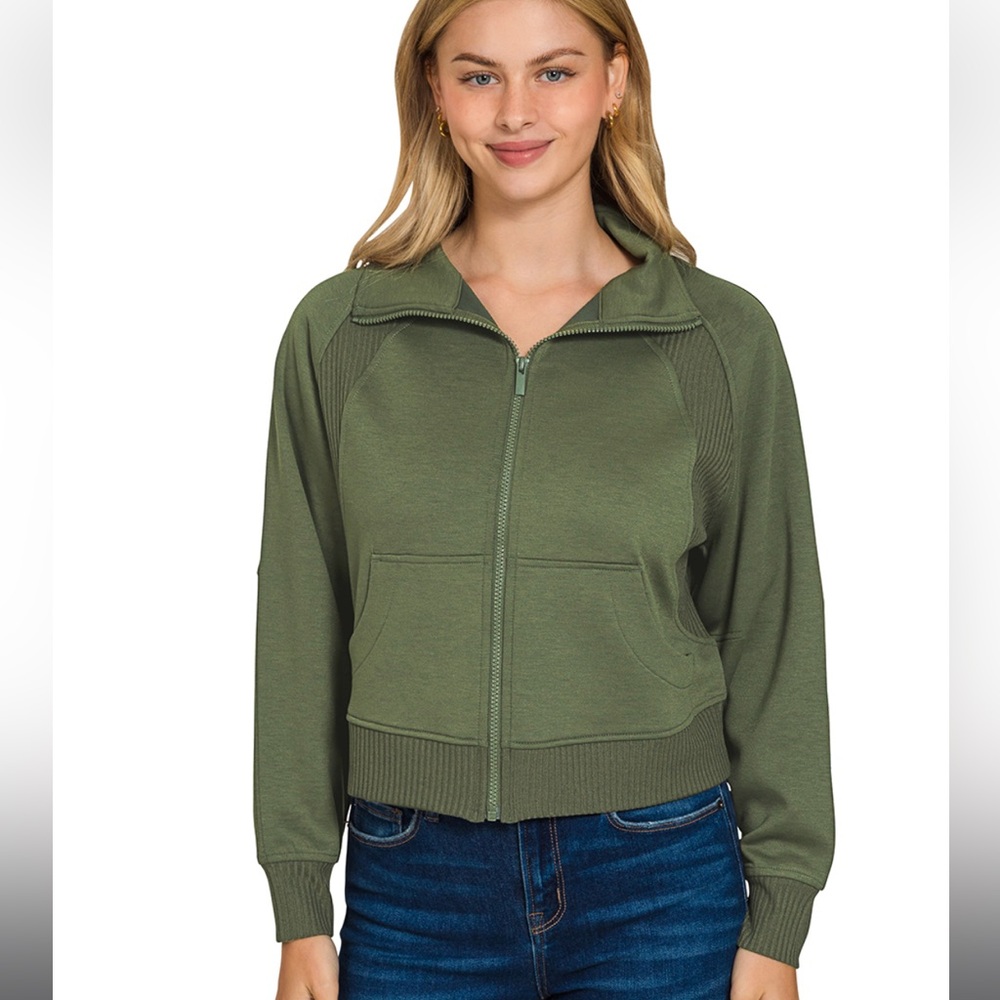 Zenana SOFT SCUBA FULL ZIP JACKET DARK OLIVE GREEN - Picture 2 of 2